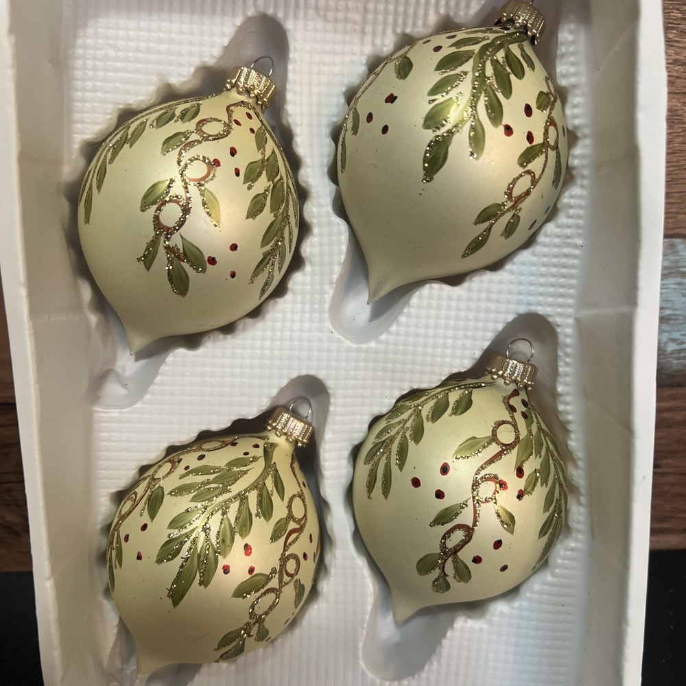 Vtg Enchanted Forest‎  Glass Glitter Teardrop Holly Christmas Ornaments 4ct NIB